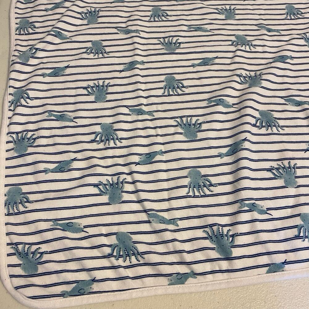 Rabbit +Bear Baby Blanket WhiteBlue SeaLife Cotton Organic Receiving Secure Soft